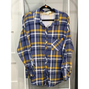 No Comment Plus Plaid Button Down Shirt Blue Yellow 2X 90s Grunge Cabincore
